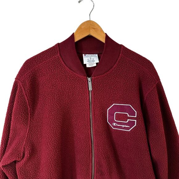 CHAMPION Men Full Zip Letterman Varsity Sherpa Bomber Jacket Burgundy Streetwear - Picture 4 of 13